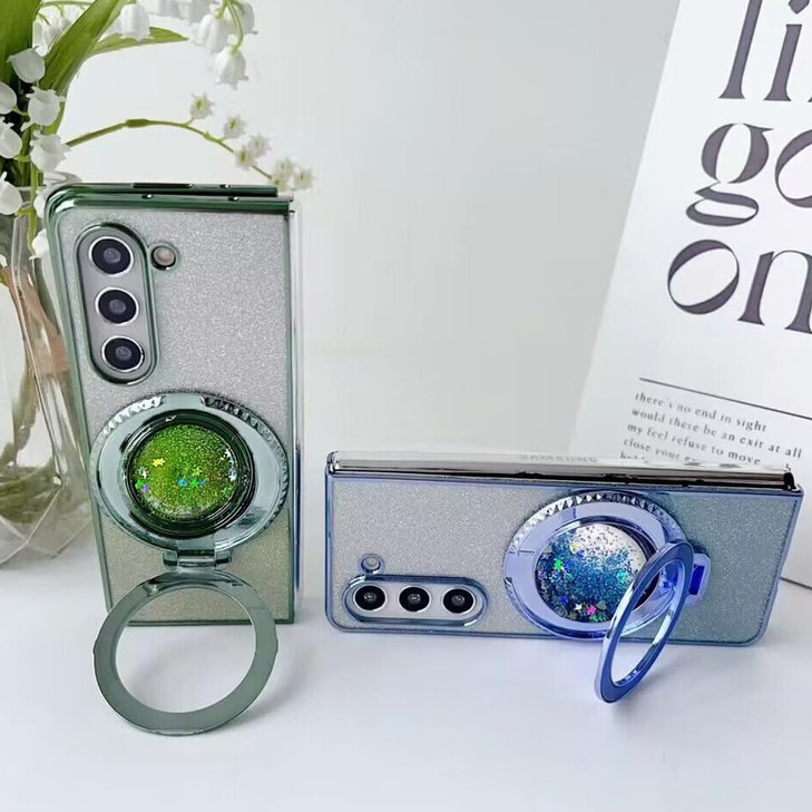 Changjia for Samsung Galaxy Z Fold 6 Glitter Kickstand CaseCute Luxury Bling Sparkly with Liquid Flowing Ring Stand Soft