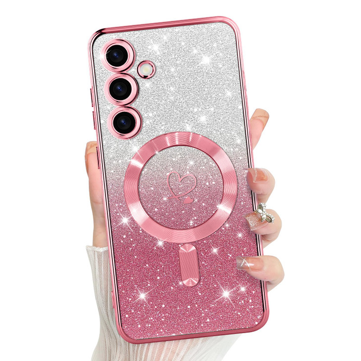 Bonoma Compatible with Samsung Galaxy S24 Fe Case Support for MagSafe Plating Heart Glitter Magnetic Case TPU Camera Pro