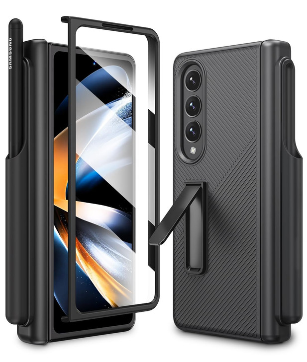 Caka for Galaxy Fold 4 Case Z Fold 4 Case Detachable S Pen Holder Screen Protector Hidden Kickstand Hinge Protection Hea