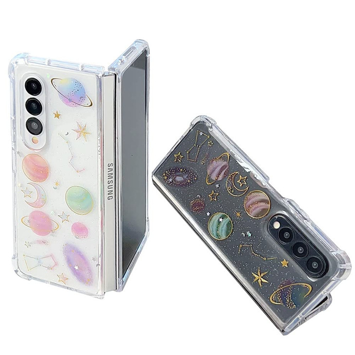 Abbery for Samsung Galaxy Z Fold 4 5G Case Clear with Design Cute for Women Glitter Stars Moon Sparkle TPU PC Transparen