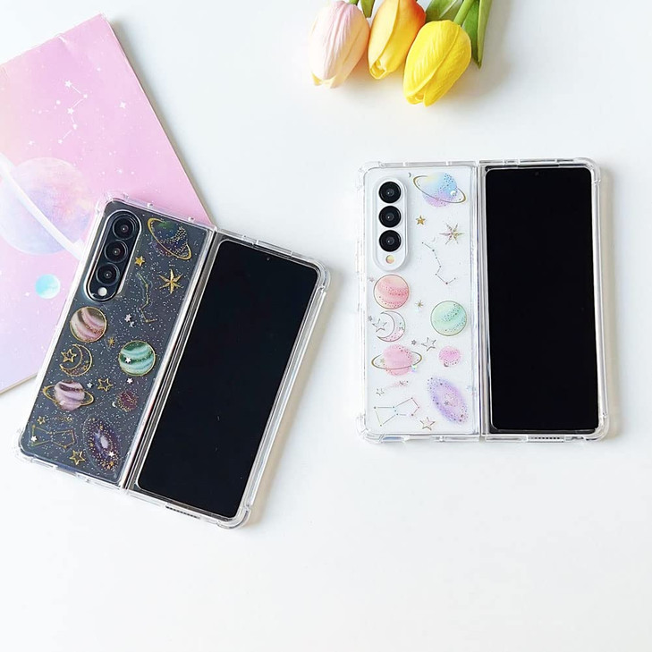 Abbery for Samsung Galaxy Z Fold 4 5G Case Clear with Design Cute for Women Glitter Stars Moon Sparkle TPU PC Transparen