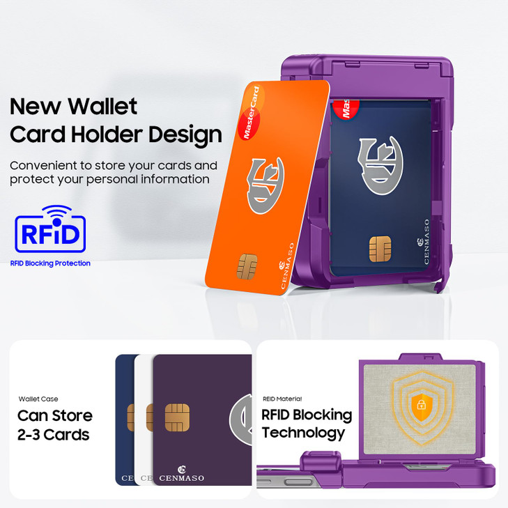 CENMASO for Samsung Galaxy Z Flip 6 CaseZ Flip 7 FE Case with Card Holder RFID Blocking Hinge Protection Screen Protecto