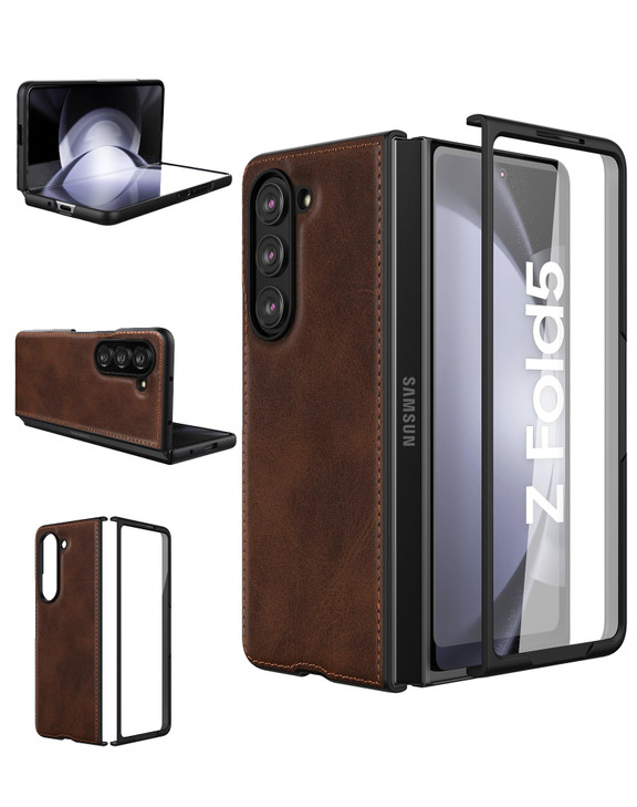 Foluu Case for Samsung Galaxy Z Fold 5 with Front Builtin Screen Protector PU Leather Hard PC Shell Ultra Thin Slim Dura