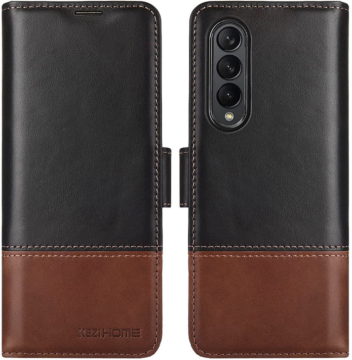 KEZiHOME Genuine Leather Galaxy Z Fold 3 Wallet Case RFID Blocking with Card Slot Flip Kickstand Phone Cover Compatible