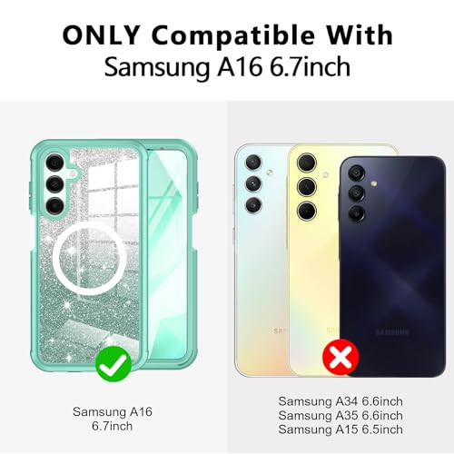 Hekodonk for Samsung Galaxy A16 Case GlitterCompatible with MagSafeBuiltin Tempered Glass Screen Protector Camera Lens P