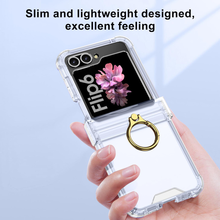 PUROOM for Samsung Galaxy Z Flip 6 Clear Case Luxury Hinge Protection with Ring Holder Screen Protector Soft AllInclusiv