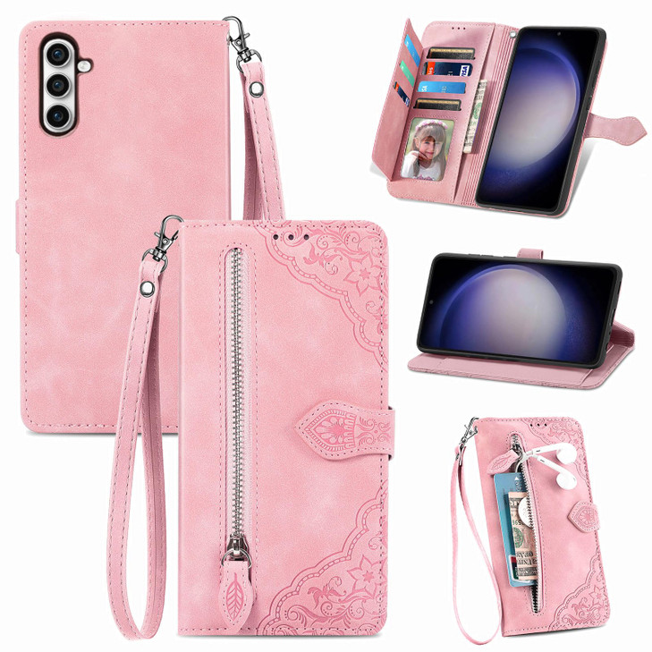 Furiet Wallet Case for Samsung Galaxy A16 5G4G with Wrist Strap Lanyard Flower Pattern Zipper Pocket PU Leather Flip Car
