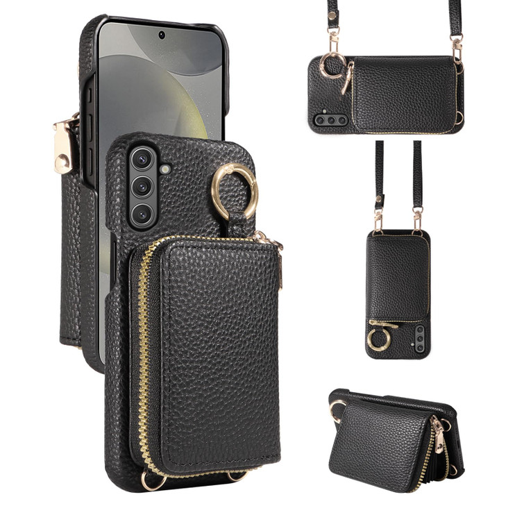 Furiet Wallet Case for Samsung Galaxy S24 FE 5G with Shoulder Strap Ring Buckle Luxury PU Leather Zipper Flip Organ Purs