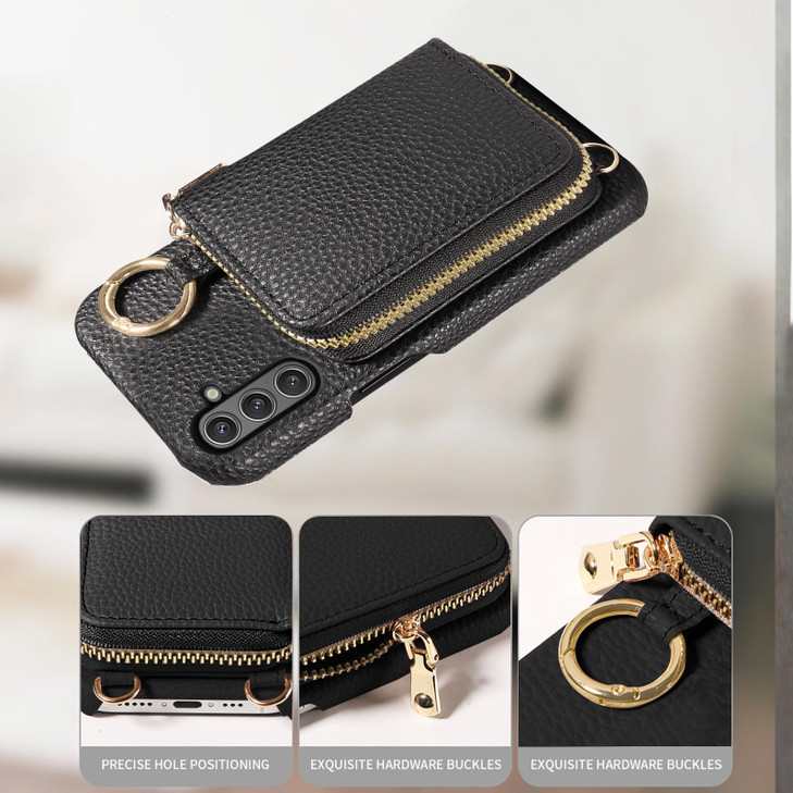 Furiet Wallet Case for Samsung Galaxy S24 FE 5G with Shoulder Strap Ring Buckle Luxury PU Leather Zipper Flip Organ Purs