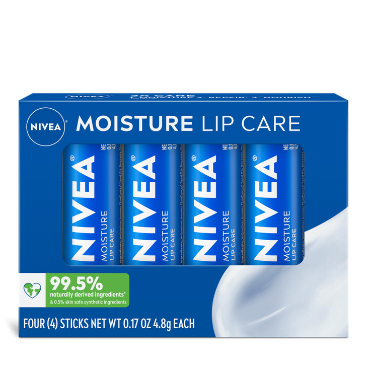NIVEA Moisture Lip Care, Hydrating Lip Balm with Shea Butter, Nourishing Oils and Vitamin C & E, 3-in-1 Moisture, Repair and Nourish, 0.17 Oz Stick,