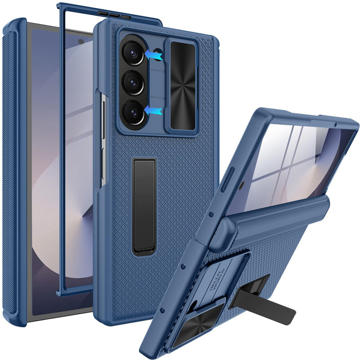 Miimall for Samsung Fold 6 Case with Slide Camera Cover Hinge Protection Metal Stand Screen Protector Durable Full Body