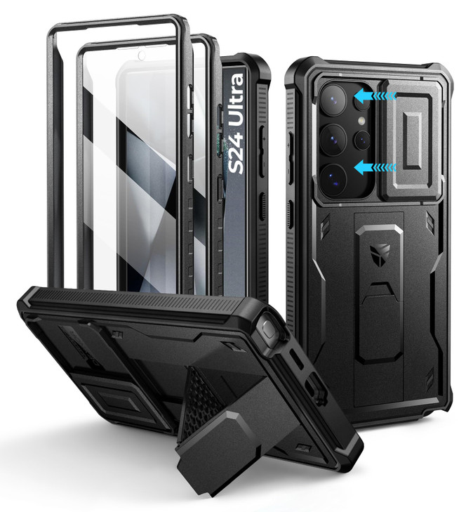 Dexnor for Samsung Galaxy S24 Ultra Case with Builtin Slide Camera Cover Screen Protector Kickstand Shockproof Rugged Ca