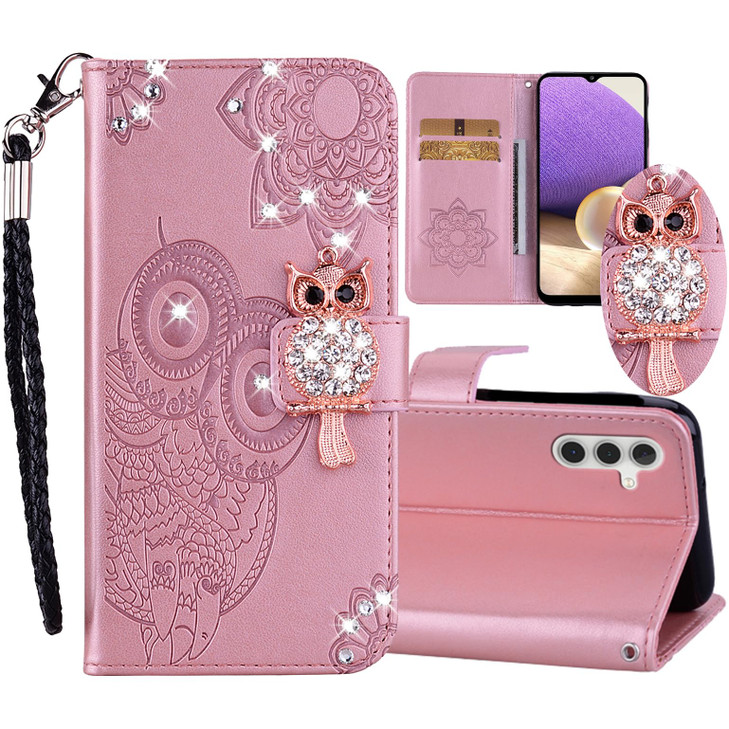 Ephoou Case for Samsung Galaxy A16 5G with Card Slot Holder Wrist Strap Glitter Diamond Rhinestone Owl PU Leather Flip F