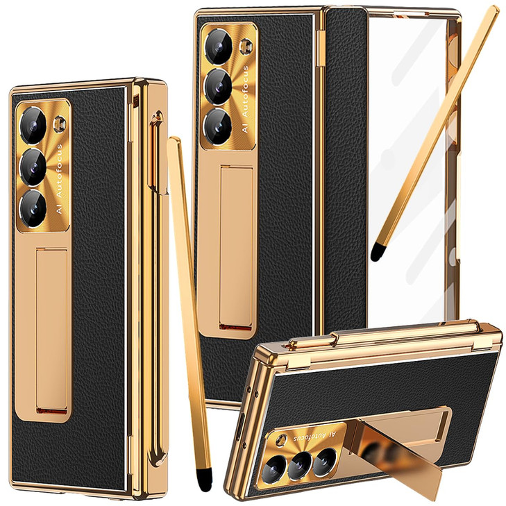 YQODSZ for Samsung Galaxy Z Fold 6 Case with S Pen Holder Slim Stylus Two Hinge Cover Fold6 Leather Case with Kickstand