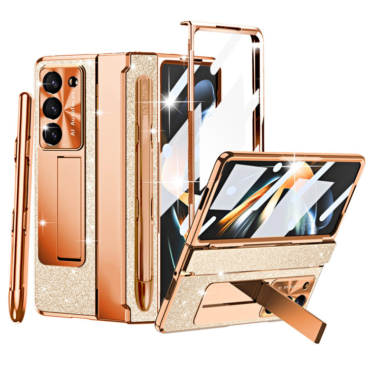 YQODSZ for Samsung Galaxy Z Fold 4 Case with Pastable S Pen Holder Stylus Glitter Bling Leather Phone Case with Kickstan