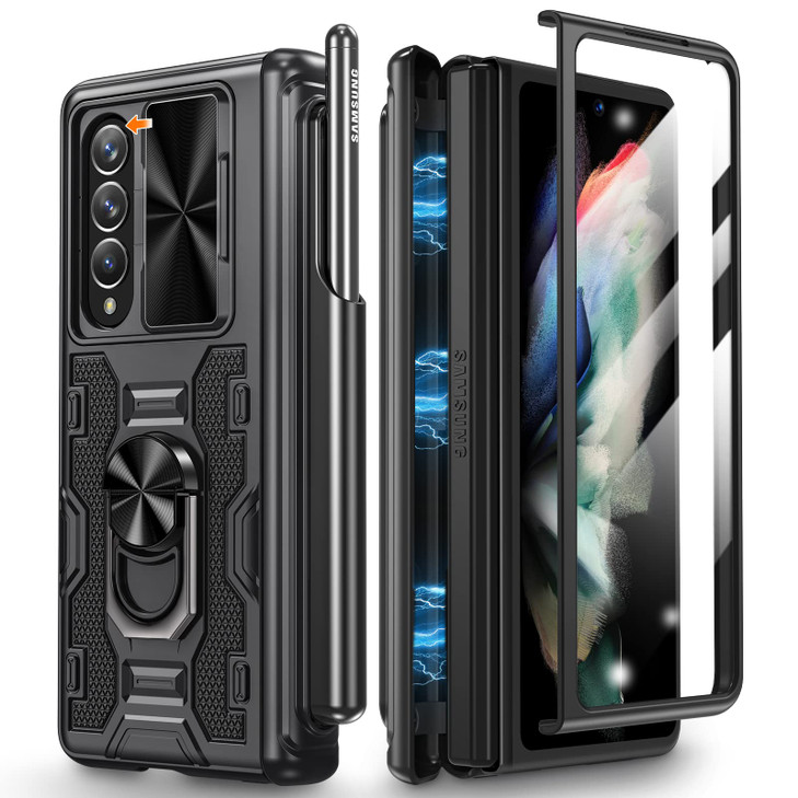 Caka Galaxy Z Fold 3 Case with Pen Holder Hinge Protection Camera Cover Kickstand with Builtin 360Rotate Ring Stand Magn