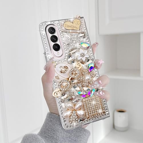 Omio for Galaxy Z Fold 4 5G Case Bling Luxury 3D Handmade Sparkle Rhinestone Iron Tower Pendant Pumpkin Car Flowers Crys