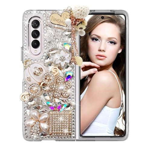 Omio for Galaxy Z Fold 4 5G Case Bling Luxury 3D Handmade Sparkle Rhinestone Iron Tower Pendant Pumpkin Car Flowers Crys