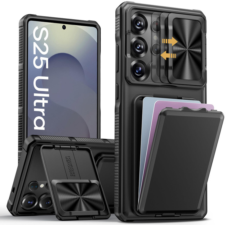 SSLOTSCASE for Samsung Galaxy S25 Ultra Case with Card Holder Kickstand Slide Camera Lens Cover Silicone Edge Protection