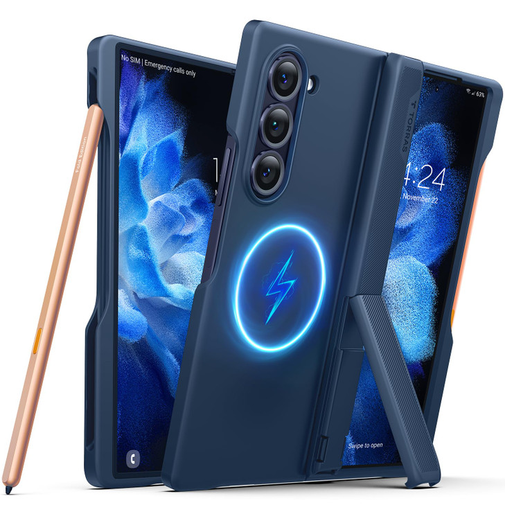 TORRAS Magnetic Armor Stand Galaxy Z Fold 6 Case with S Pen Holder MILGrade Hinge Protection Compatible with MagSafe Inv