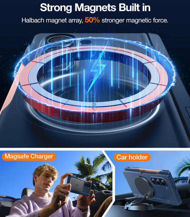 TORRAS Magnetic Armor Stand Galaxy Z Fold 6 Case with S Pen Holder MILGrade Hinge Protection Compatible with MagSafe Inv