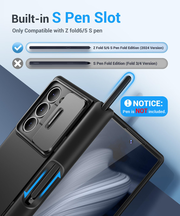 BERFY for Z Fold 6 Case with 9H Tempered Screen Protector Builtin S Pen Holder Slide Camera Cover Hidden Kickstand Full