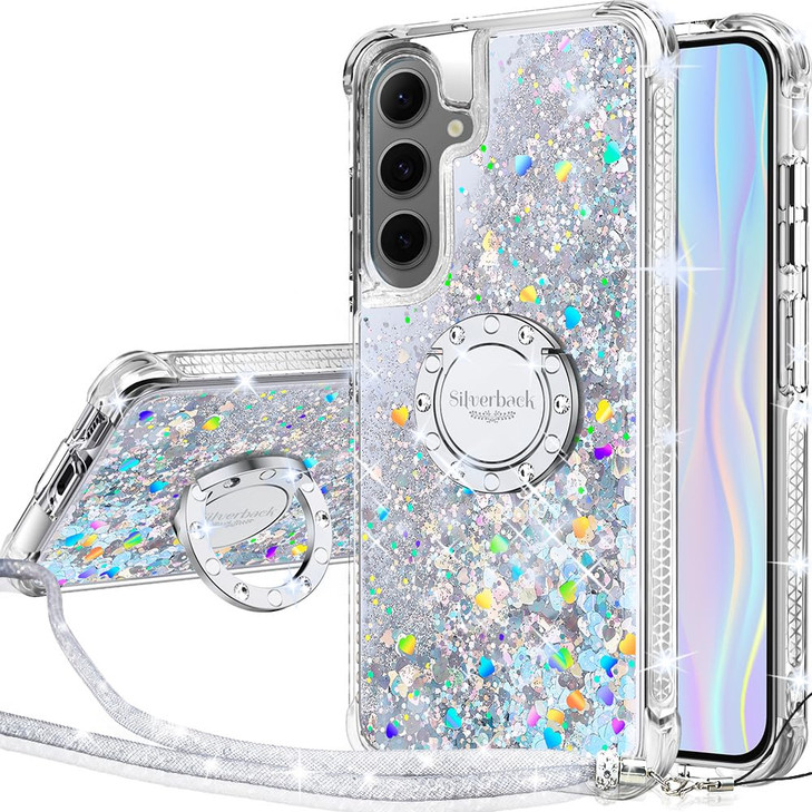 Silverback for Samsung Galaxy S24 FE Case Moving Liquid Holographic Glitter Case with Ring Stand Girls Women Bling Diamo