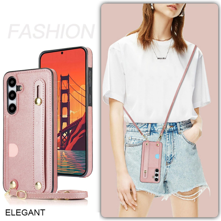 Fofvccv Crossbody Case for Samsung Galaxy S24 FE with Wrist Strap and Card Holder for Women PU Leather Removable Adjusta