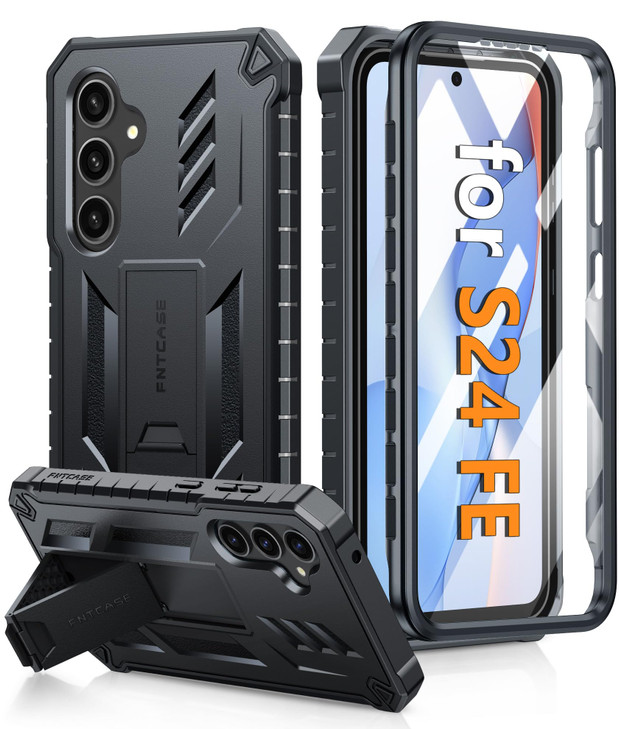 FNTCASE for Samsung Galaxy S24 FE Case with Builtin Screen Protector Kickstand MilitaryGrade Drop Protection Heavy Duty