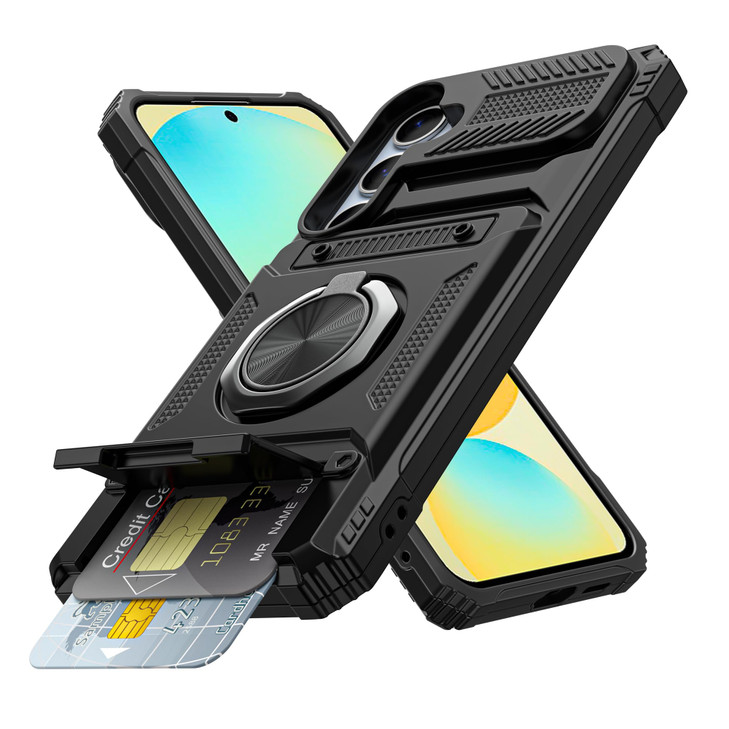 Vofolen for Samsung Galaxy S24 FE Case with Card Holder Store 2 Cards 360 Rotated Ring Kickstand Dual Layer Heavy Duty S