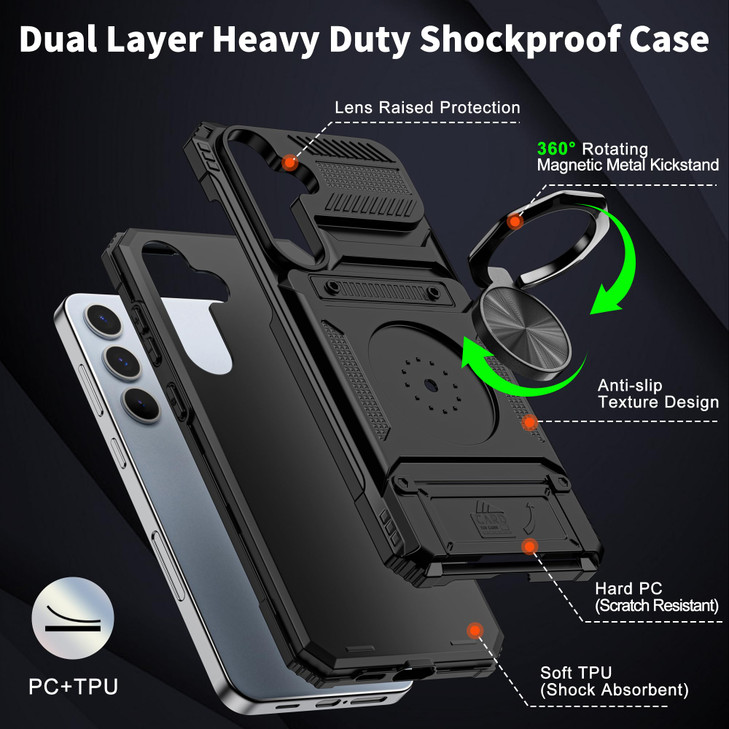 Vofolen for Samsung Galaxy S24 FE Case with Card Holder Store 2 Cards 360 Rotated Ring Kickstand Dual Layer Heavy Duty S