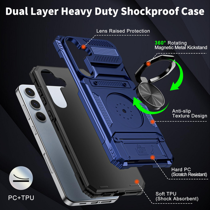 Vofolen for Samsung Galaxy S24 FE Case with Card Holder Store 2 Cards 360 Rotated Ring Kickstand Dual Layer Heavy Duty S