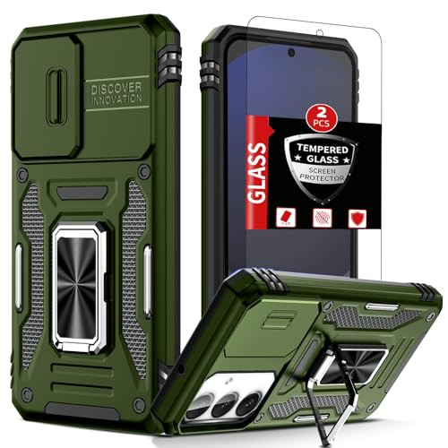 FRLMOOES for Samsung Galaxy S24 FE Case with 2 Screen ProtectorsBuiltin Slide Camera Coverwith 360Stand Ring for S24FE C
