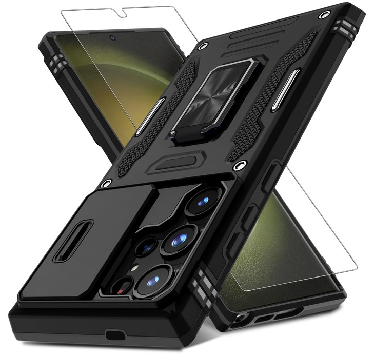 DEERLAMN Case for Samsung Galaxy S24 Ultra with Slide Camera CoverScreen Protector 1 Pack Rotated Ring Kickstand Militar