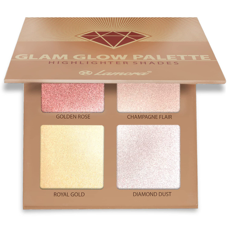 Lamora Makeup Palette Highlighter Iluminador - Glow Bronzer Powder Blush Cheeks Kit with Mirror - 4 Highly Pigmented Face Highlighter Shimmer Colors