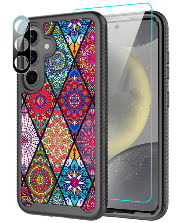 LEXNEC Design for Samsung Galaxy S24 Case with Tempered Glass Screen Protector Camera Lens ProtectorFull Body Slim Shock