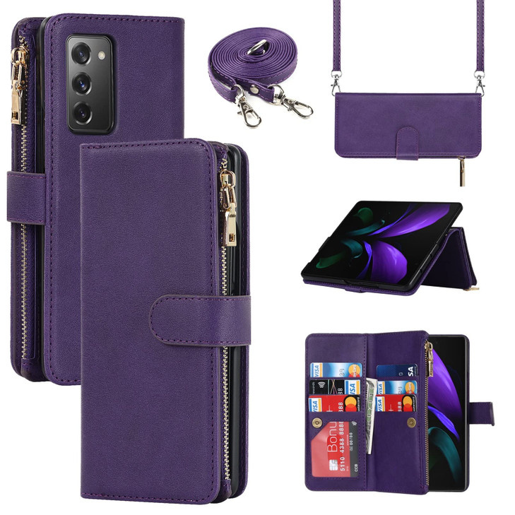 Jaorty for Samsung Galaxy Z Fold 2 5G Wallet Case with S Pen Holder9 Card Slots Adjustable Crossbody Necklace Lanyard Sh