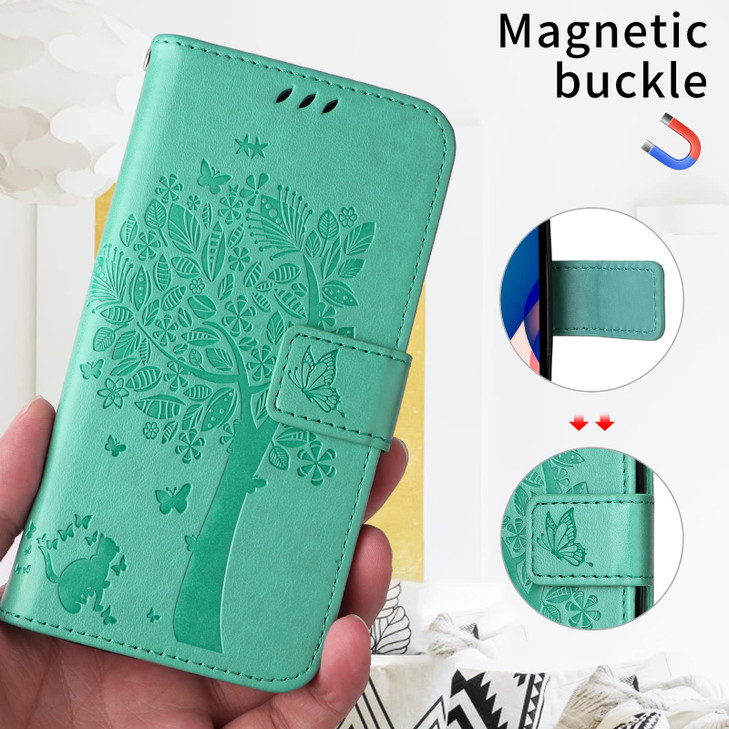 PAOBIR for Samsung Galaxy S24 FE Case Wallet for Women ManPU Leather Tree Cat Flowers Embossed Wrist Strap Card Slots Po