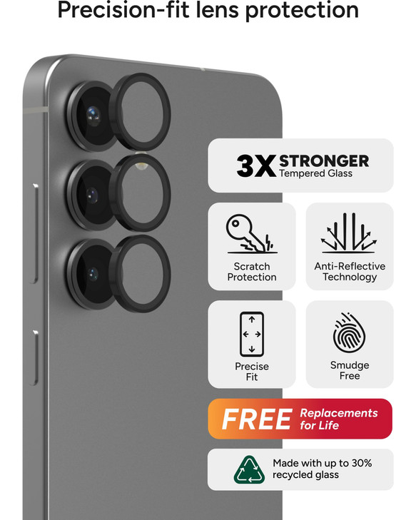 ZAGG Glass Elite AntiReflective Samsung Galaxy S25 Camera Lens Protector AntiGlare Technology Maximum Impact Scratch Res