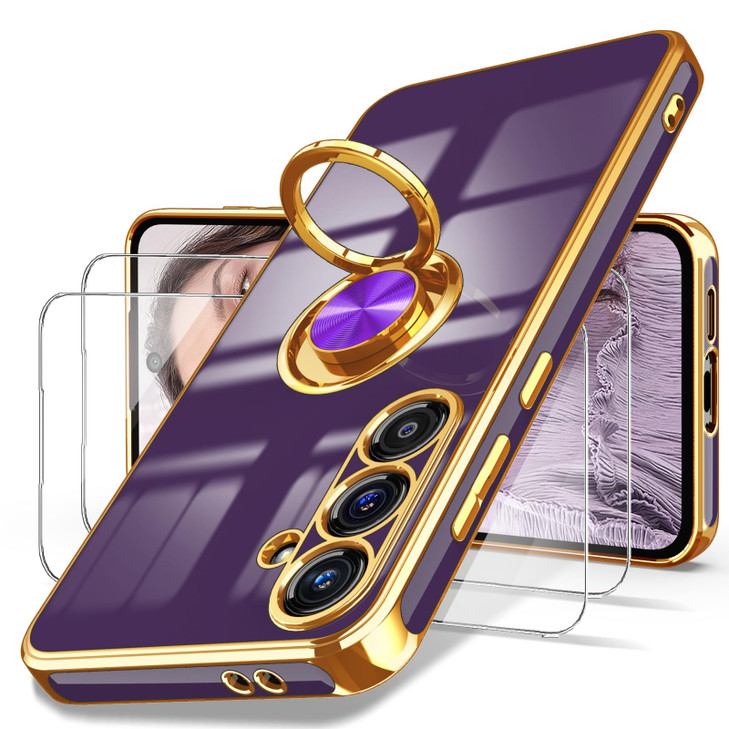 Dretal for Samsung Galaxy S24 FE 5G Case 2X Tempered Glass Screen Protector 360 Rotatable Ring Holder Magnetic Kickstand