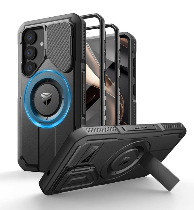 Dexnor for Samsung Galaxy S25 Case with Camera Cover Adjustable Kickstand Builtin Screen Protector Magnetic Rugged Shock