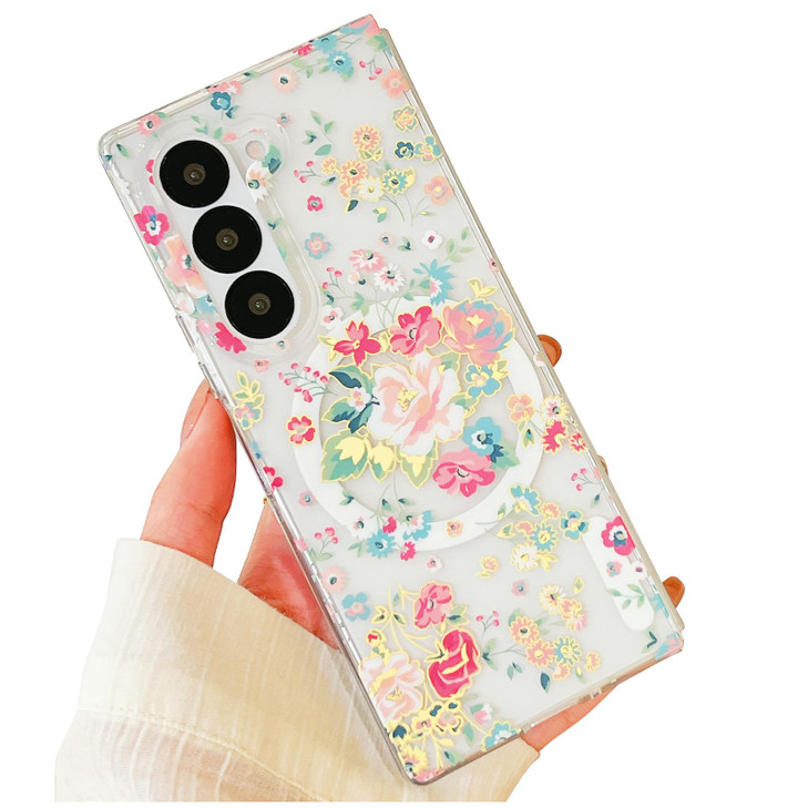YeLoveHaw for Samsung Galaxy Z Fold 6 Magnetic Clear Phone Case for Women Girls Glitter Cute Floral Flower Pattern Slim