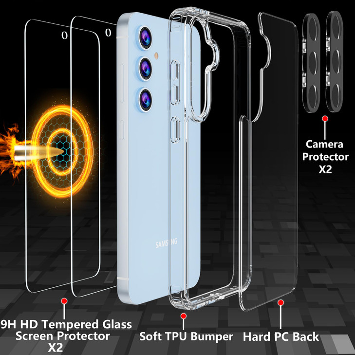 GSDCB Phone Case for Samsung Galaxy S24 FE Case with Tempered Glass Screen Protector and Camera Lens Protector Hard PC B