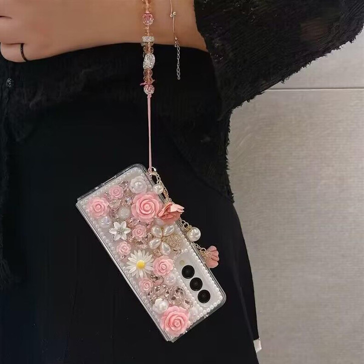 Changjia for Samsung Galaxy Z Fold 6 Glitter Bling CaseCute Luxury 3D Crystal Rhinestone Diamond Flower Sparkle Stunning