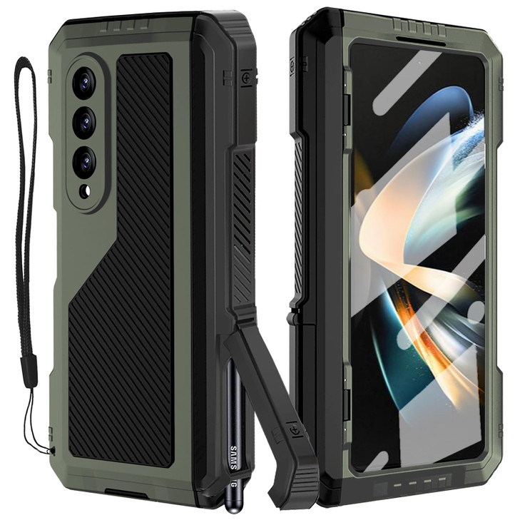 YQODSZ for Samsung Galaxy Z Fold 4 Metal Case with S Pen Holder Military Rugged Heavy Duty Z Fold 4 Case Built in Screen