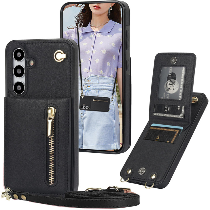 Ysnzaq Crossbody Wallet Case for Samsung Galaxy S24 FE with Detachable Lanyard Strap PU Leather Magnetic Closure Flip Ph