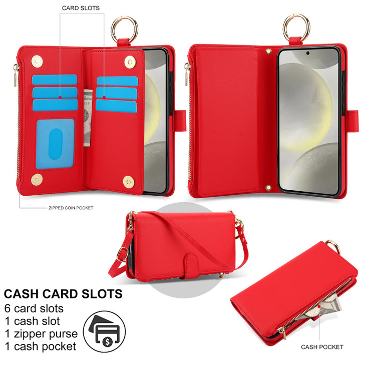 Asuwish Phone Case for Samsung Galaxy S24 FE 5G Zipper Wallet with Tempered Glass Screen Protector Crossbody Strap Card