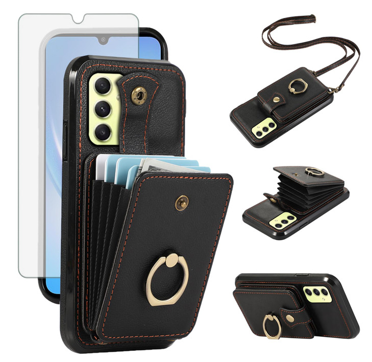 Phone Case for Samsung Galaxy S24 FE 5G Wallet Cell Cover with Screen Protector Crossbody Strap Ring Stand RFID Credit C