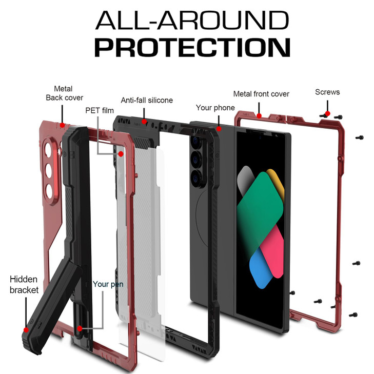 FunnyWin Metal Case for Samsung Z Fold 6 Military Grade Armor Rugged Case with S Pen Holder Metal Stand Hinge Protection