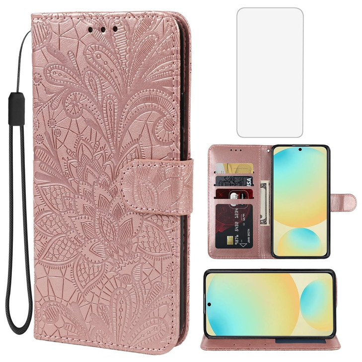 Gufuwo Case for Galaxy S24 FE Case Samsung S24 FE SMS721U Wallet Case with Tempered Glass Screen Protector Flower PU Lea